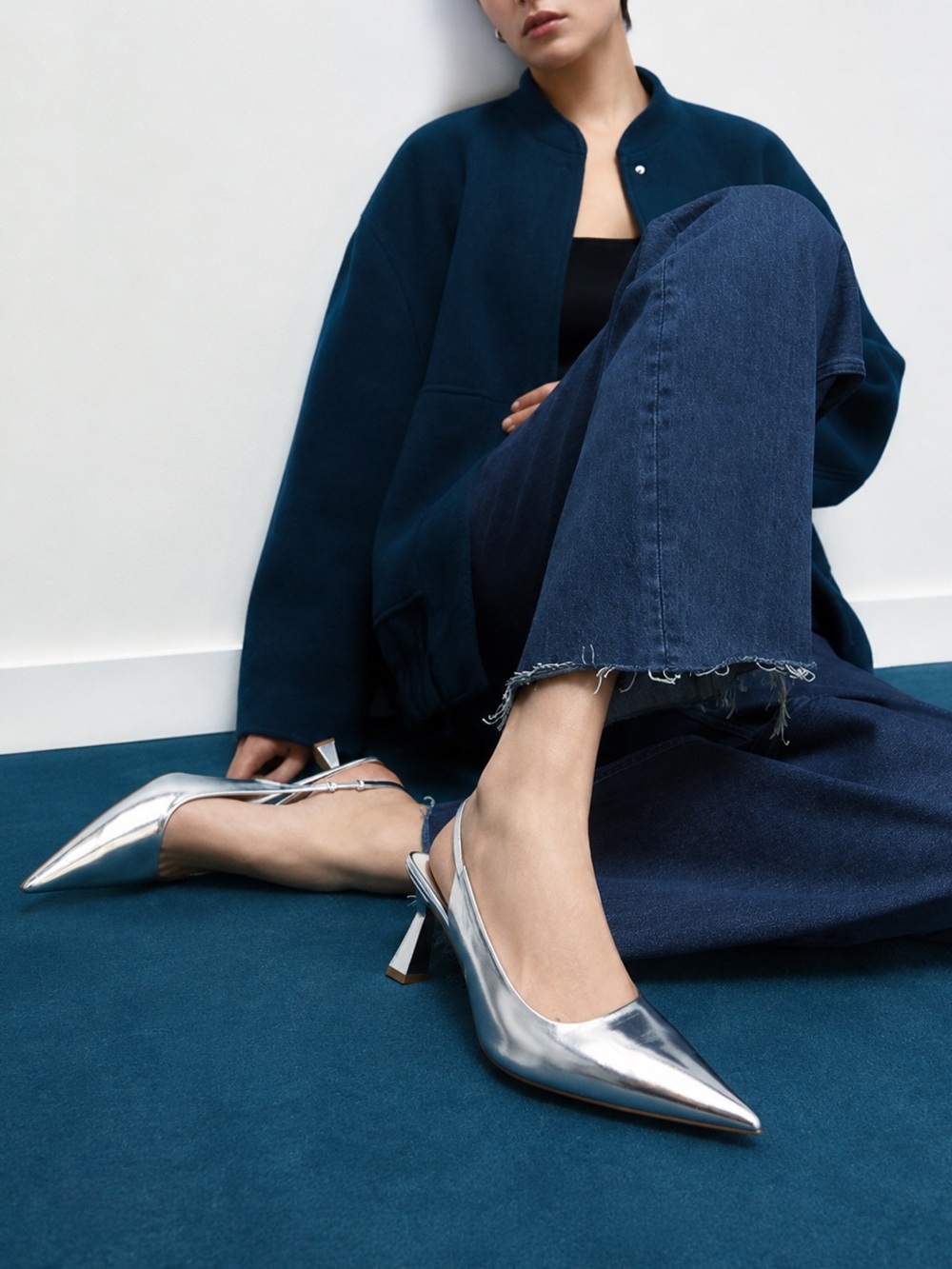 Zara Silver Slingback Pointed Toe Mules